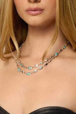 Mixed Gemstone Layered Necklace - Silver Tone 18.1 Inch Length