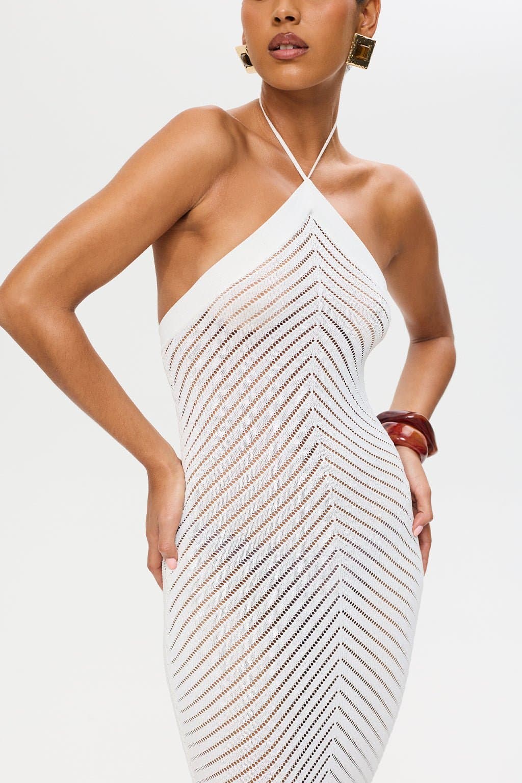 White Knitted Halter Neck Maxi Dress with Chevron Details and Stretch Fabric