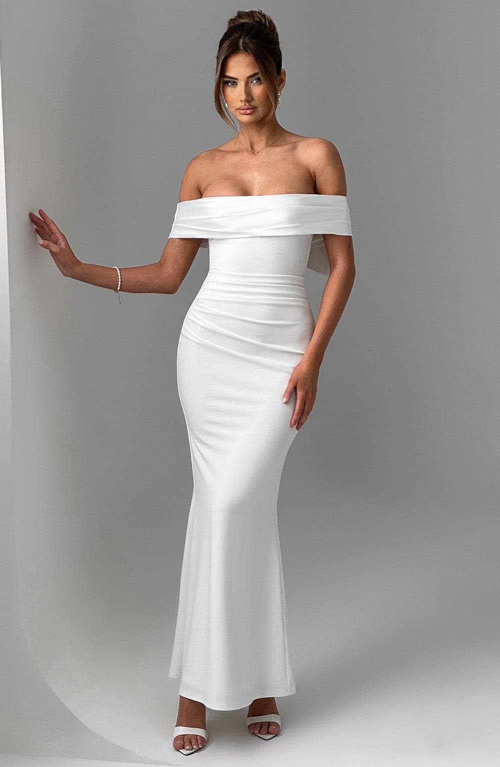 Joanna Maxi Dress in Ivory - Stretch Crepe Fit and Flare with Bardot Neckline
