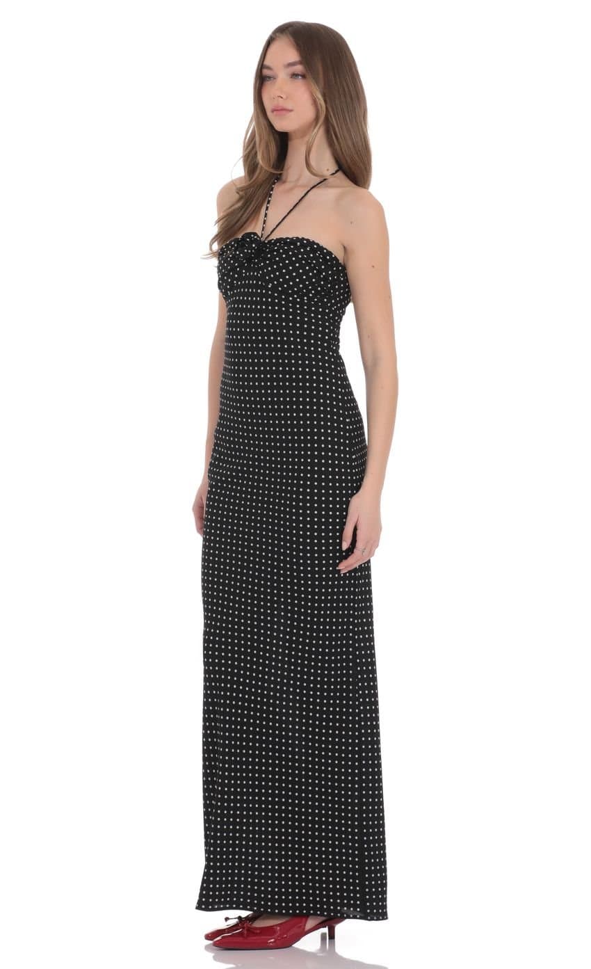 Polka Dot Florette Halter Maxi Dress in Black