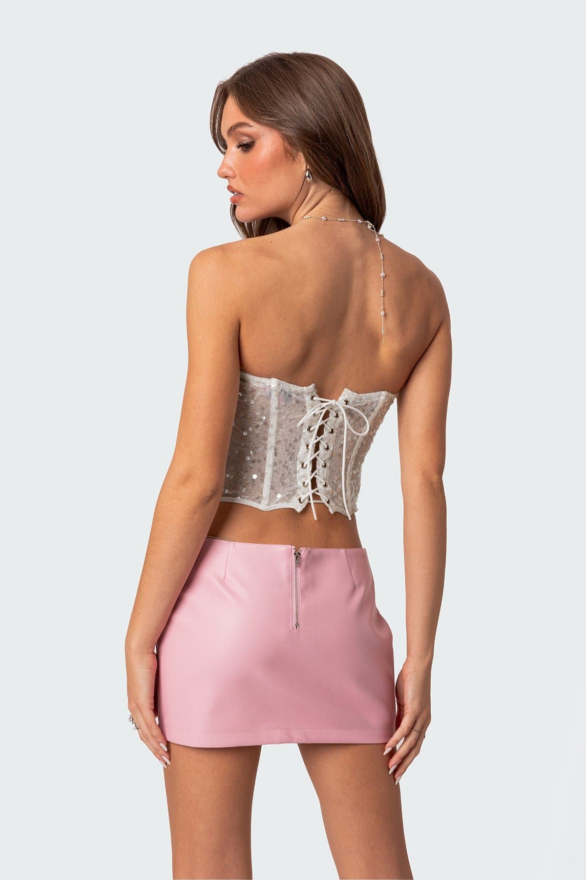 Semi Sheer Sequin Lace Up Corset - Polyester Spandex Boned Bodice