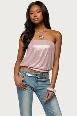 Leira Silky Sparkly Strapless Top with Cinched Waistband Polyester Spandex