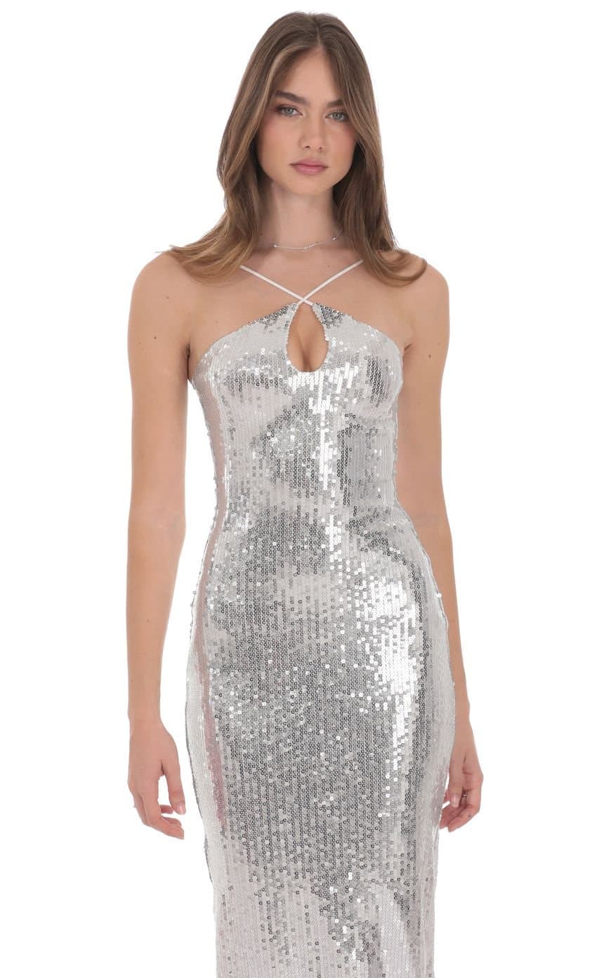 Sequin Keyhole Maxi Dress in Silver