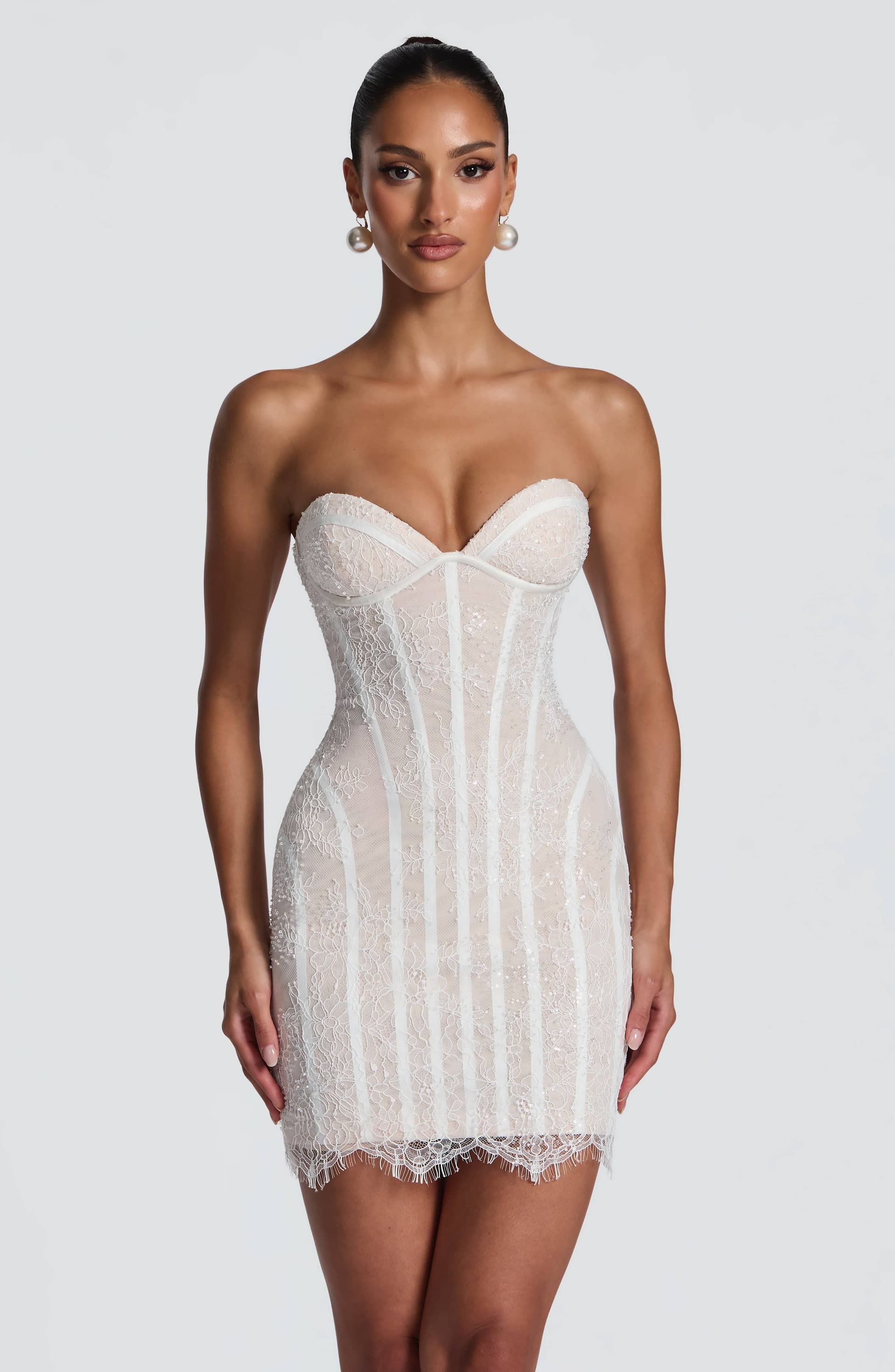 Sian Mini Dress in Ivory Lace with Bead Sequin Embellishment