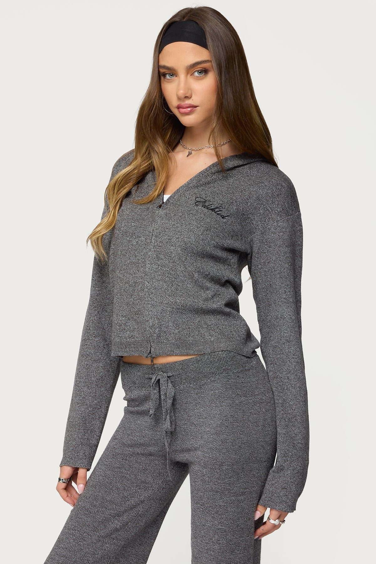 Ayah Knit Zip Up Hoodie - Acrylic Polyester Nylon Embroidered Graphic