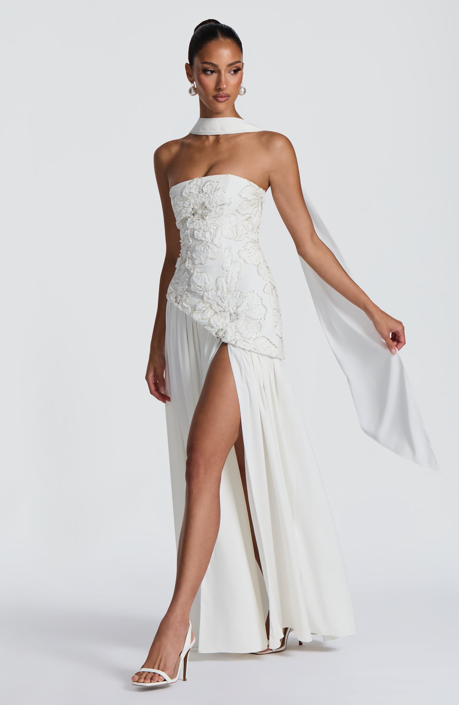 Anneliese Maxi Dress in Ivory Crepe Bodice Chiffon Skirt with Embellishments