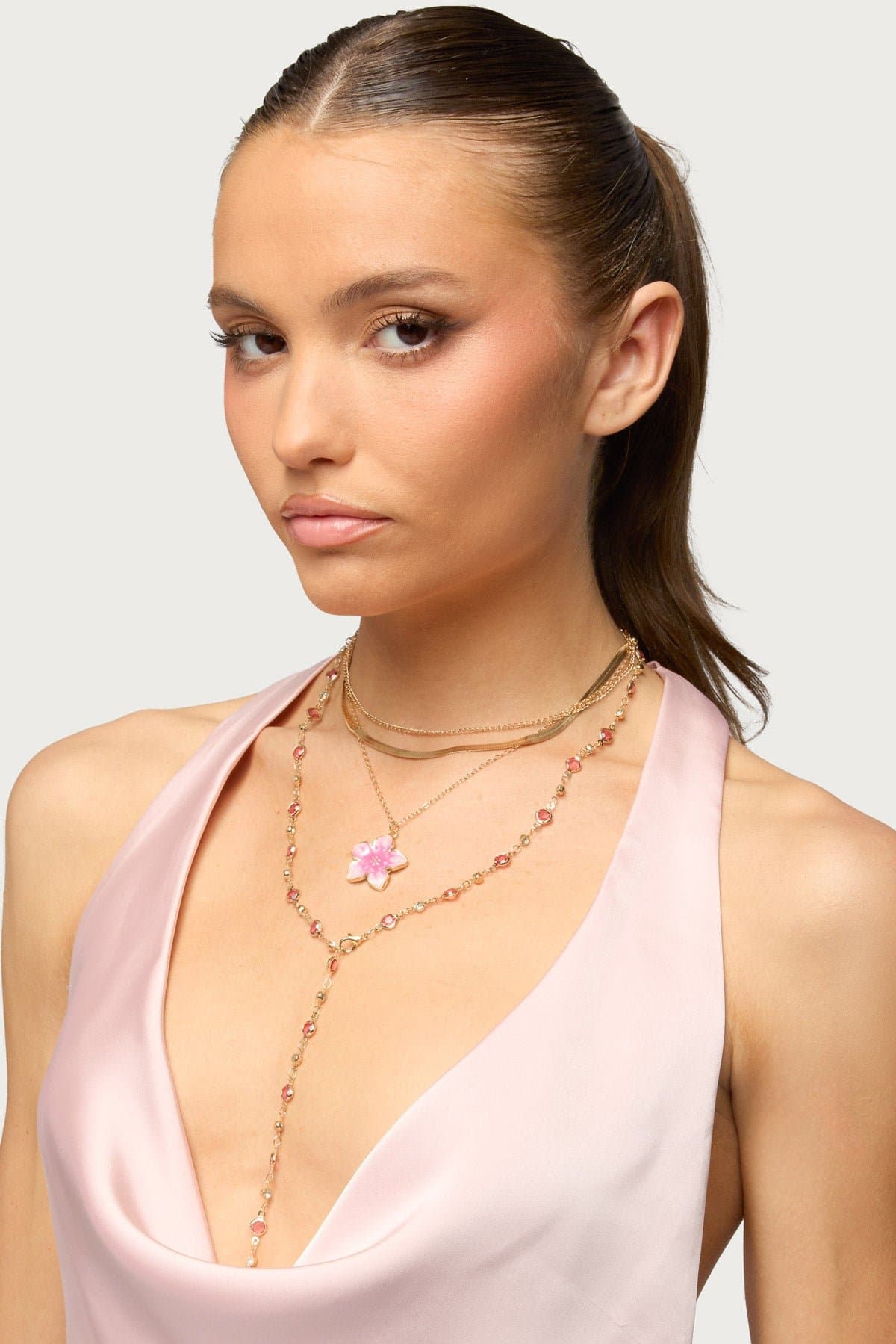 Tropical Flower Necklace Set - 4 Assorted Gold Tone Chains with Flower Pendant & Gemstone Detailing