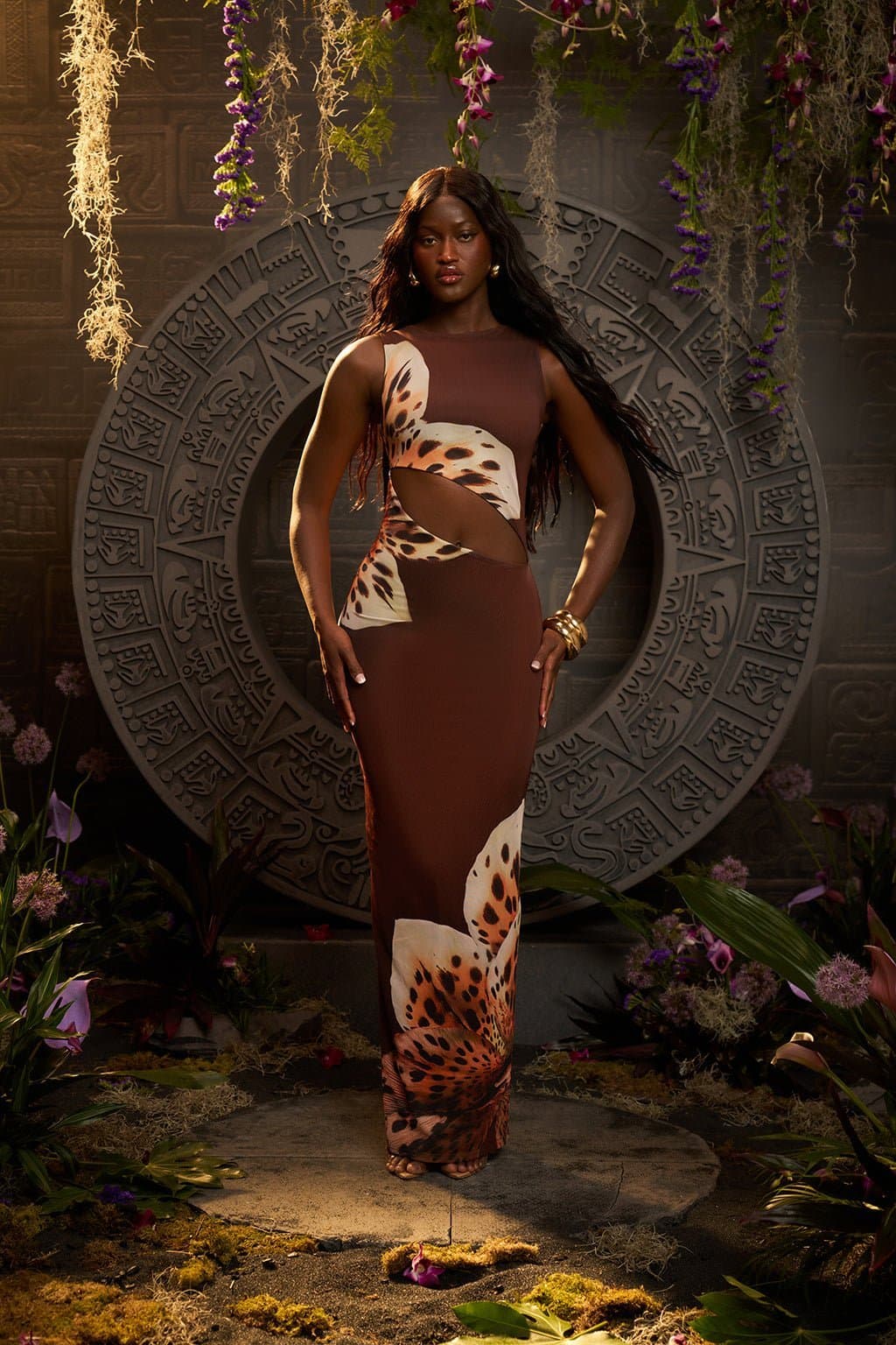 BLU Leopard Orchid Print Maxi Dress - Mesh Overlay Bodycon Fit UK 8 150cm