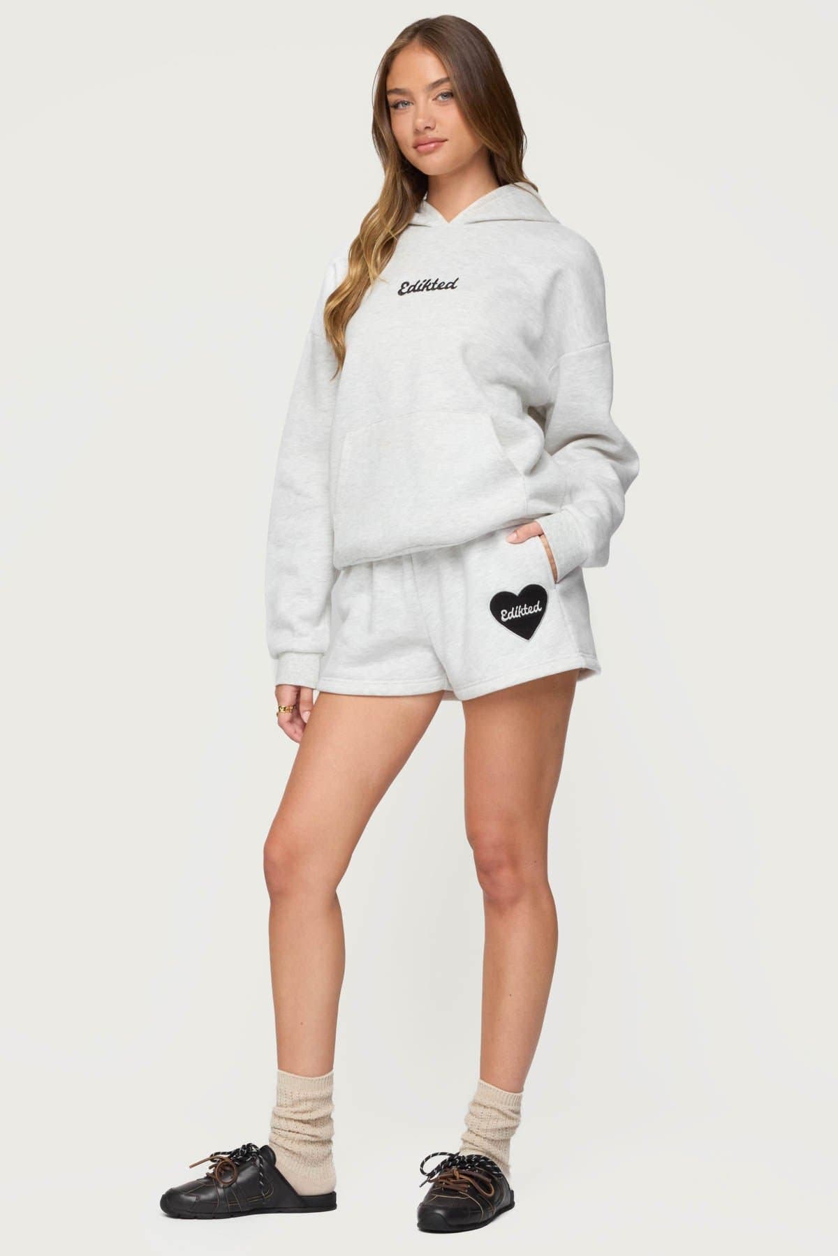 Big Love Edikted Sweat Shorts - Elastic Waistband Heart Patch Polyester Cotton Rayon