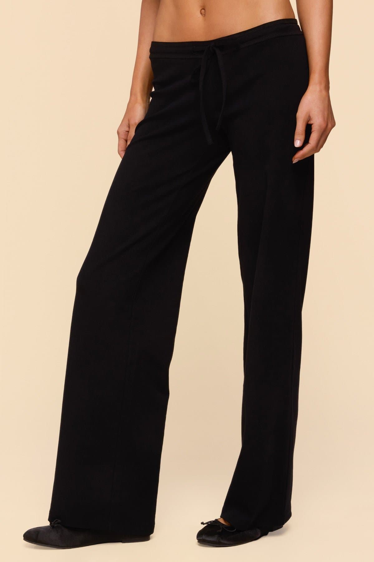Claudia Straight Leg Pants - Adjustable Tie Waist Cotton Spandex Black Size S Inseam 33.3"