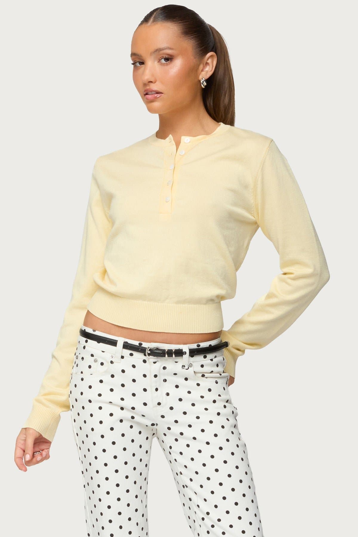 Yolana Henley Light Knit Sweater - Polyester Rayon Button Detail Ribbed Trim