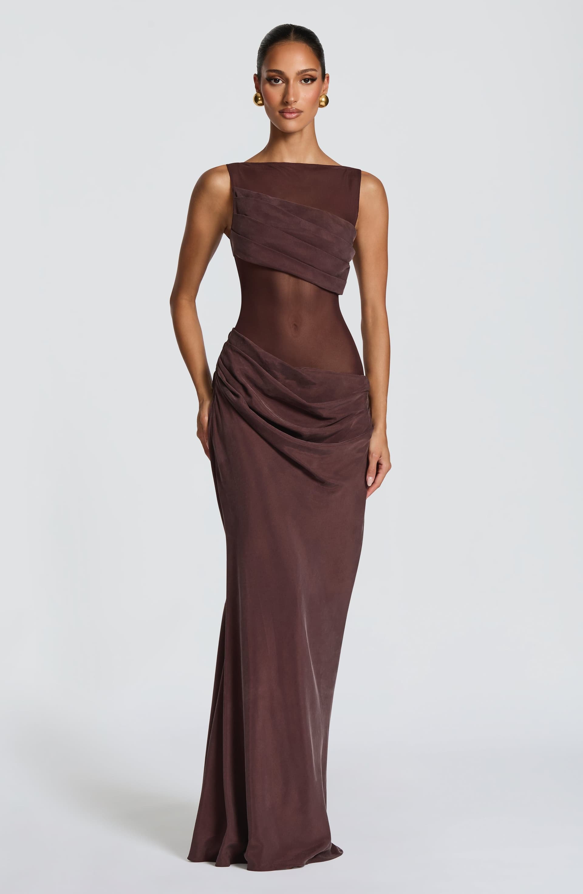 Gracelyn Maxi Dress - Plum Brown Sheer Mesh Bodice Cupro Skirt