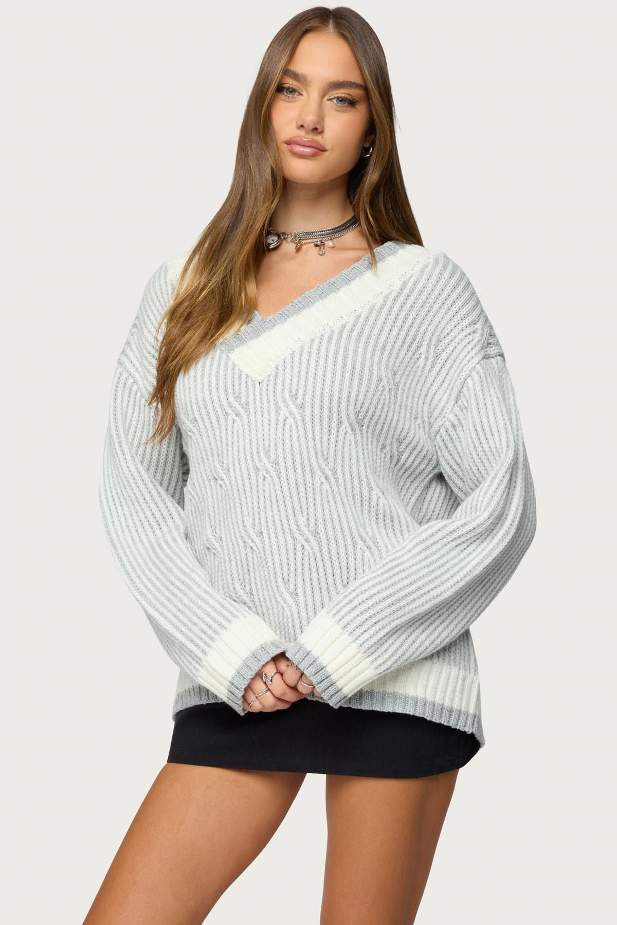 Lila V-Neck Cable Knit Sweater with Contrast Striped Detailing Acrylic