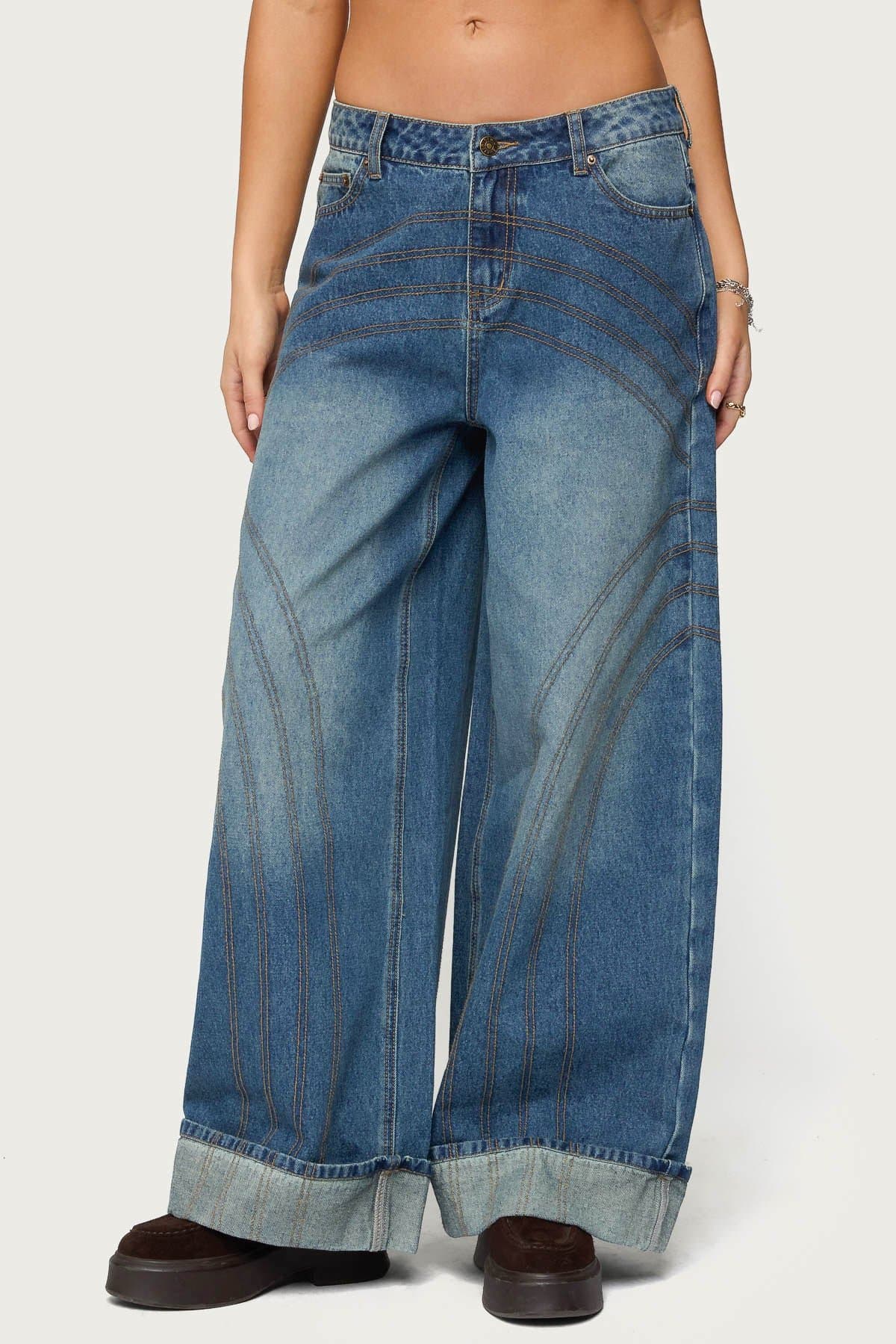 Cuffed Low Rise Baggy Jeans 100% Cotton Rigid Denim Stitch Detailing