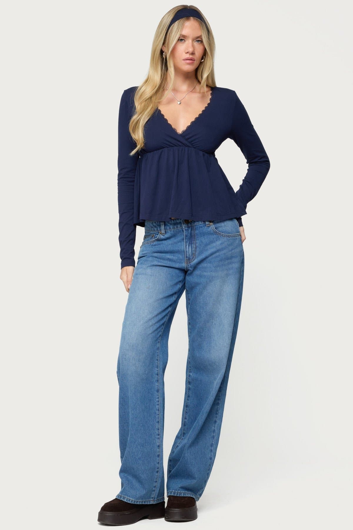 Kenzie Long Sleeve Babydoll Top V-Neck Cotton Spandex Scalloped Trim