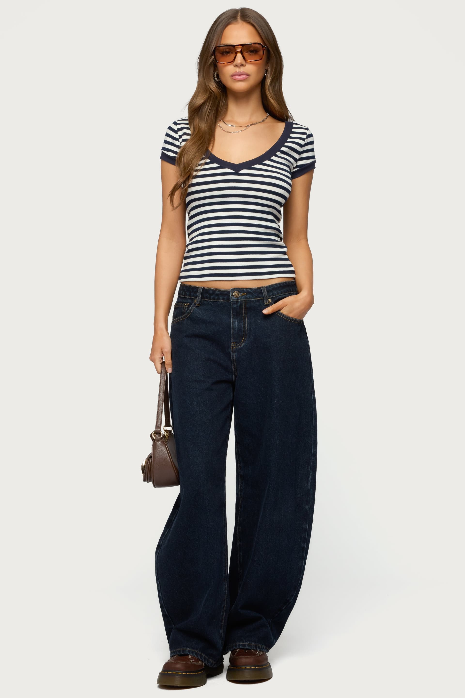 Antonela Striped V-Neck T-Shirt with Contrast Binding Cotton Spandex