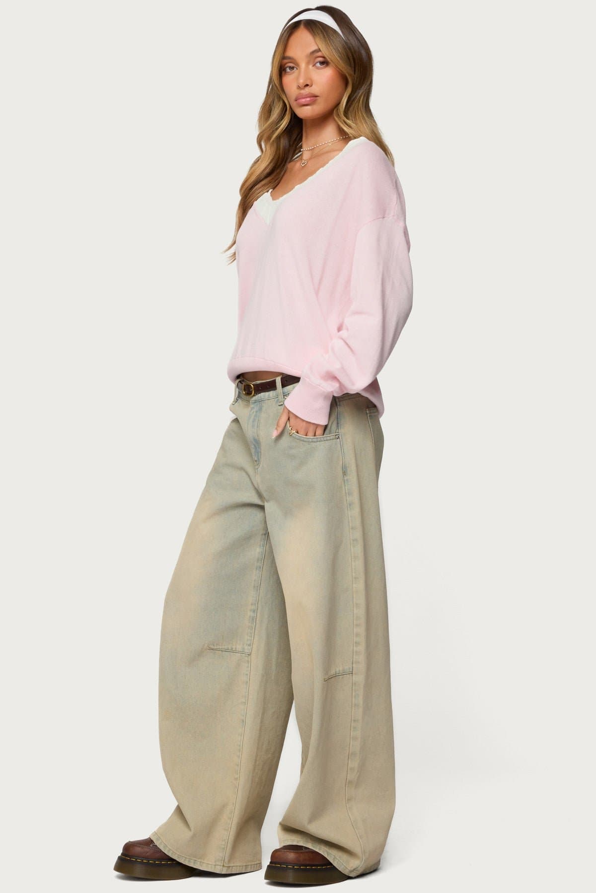 Marie Contrast Lacey V-Neck Cotton Knit Sweater