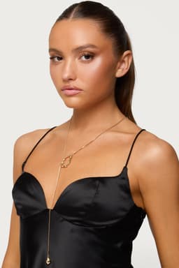 Abstract Ring Pendant Cascading Necklace Gold Tone Metal 27.6 Inch Length