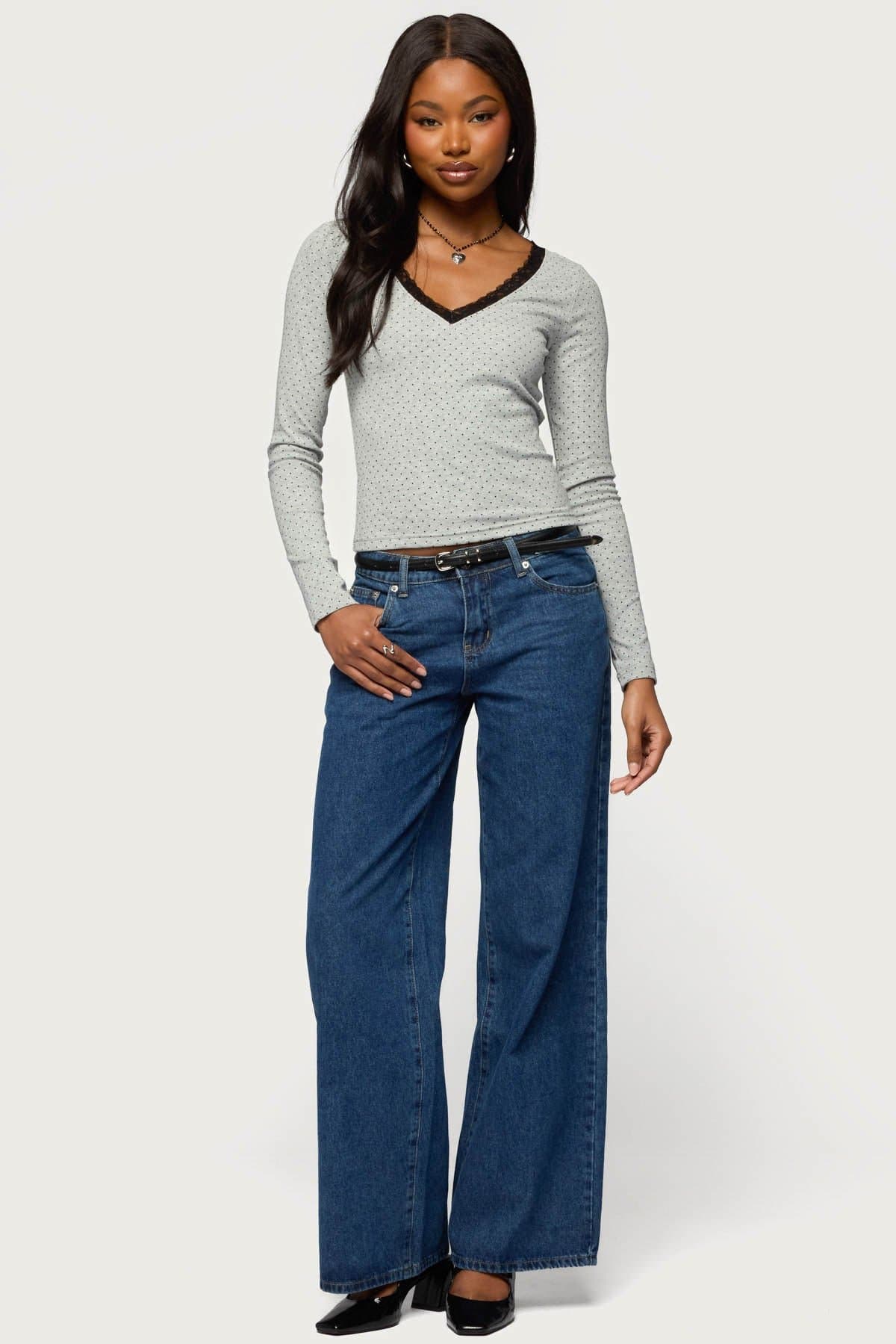 Morah Lacey Polka Dot Long Sleeve V-Neck Top - Cotton Polyester Spandex