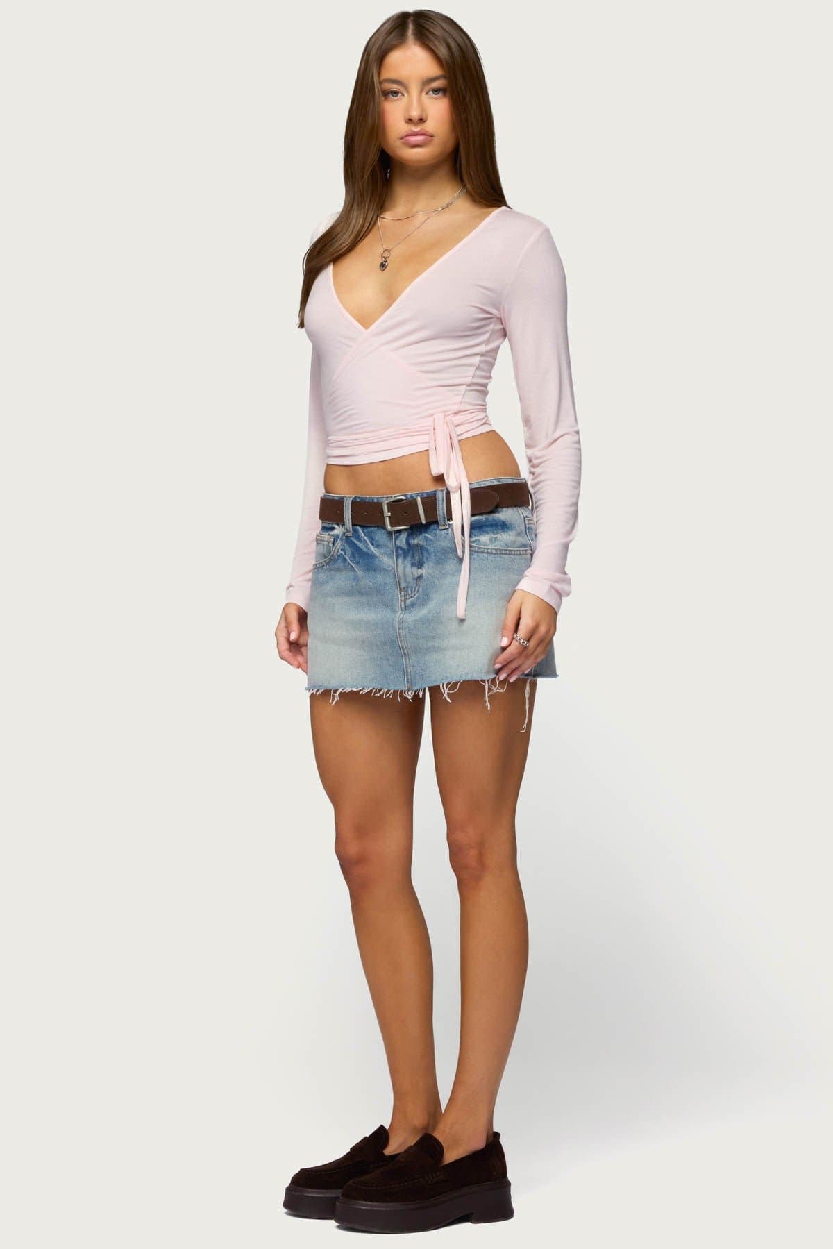 Malenna Long Sleeve Wrap Top Deep V Neckline Tie Detail Rayon Polyester Spandex