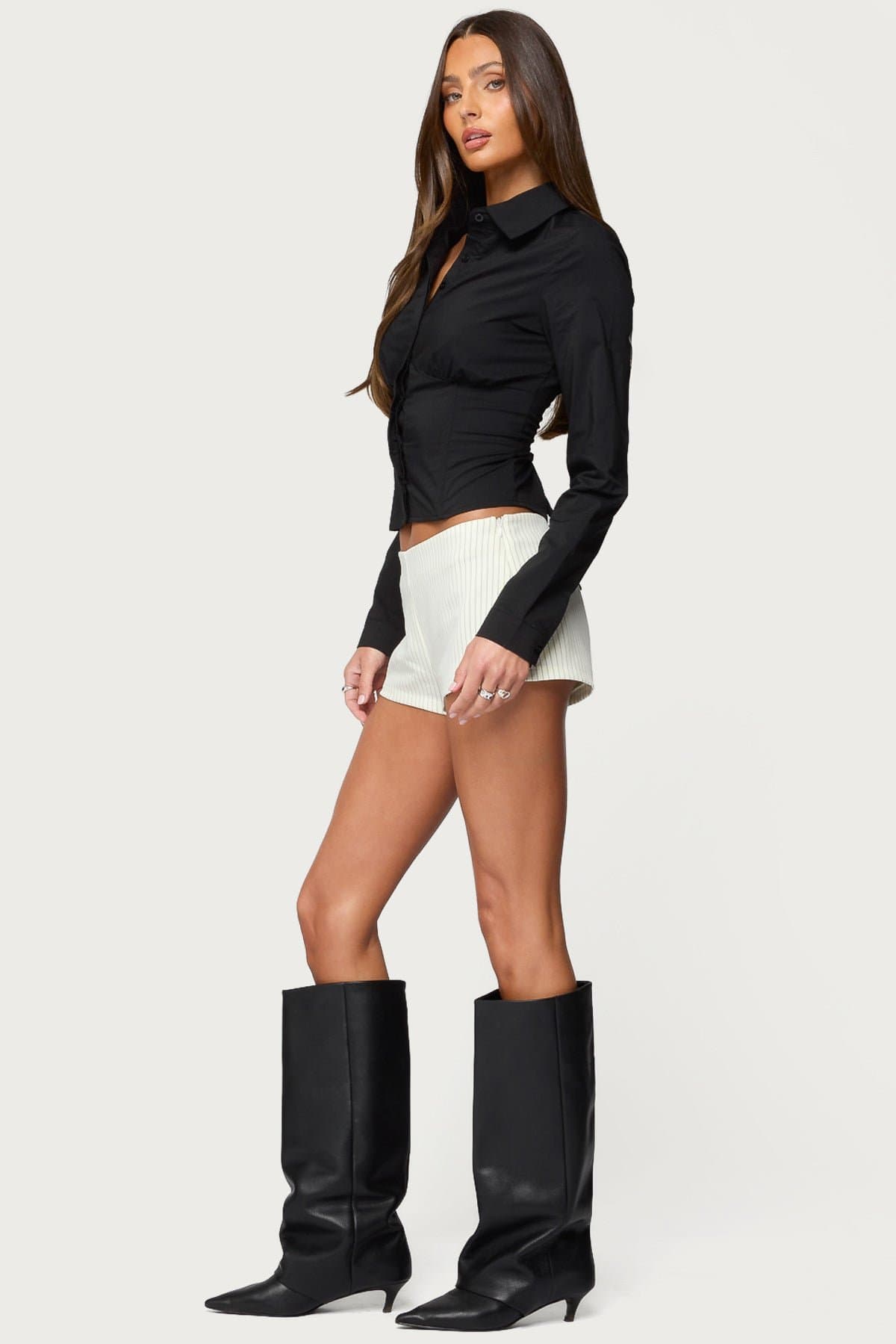 Amelie Lace Up Button Up Shirt - Boned Bodice Cinched Waist Cotton Polyester Spandex