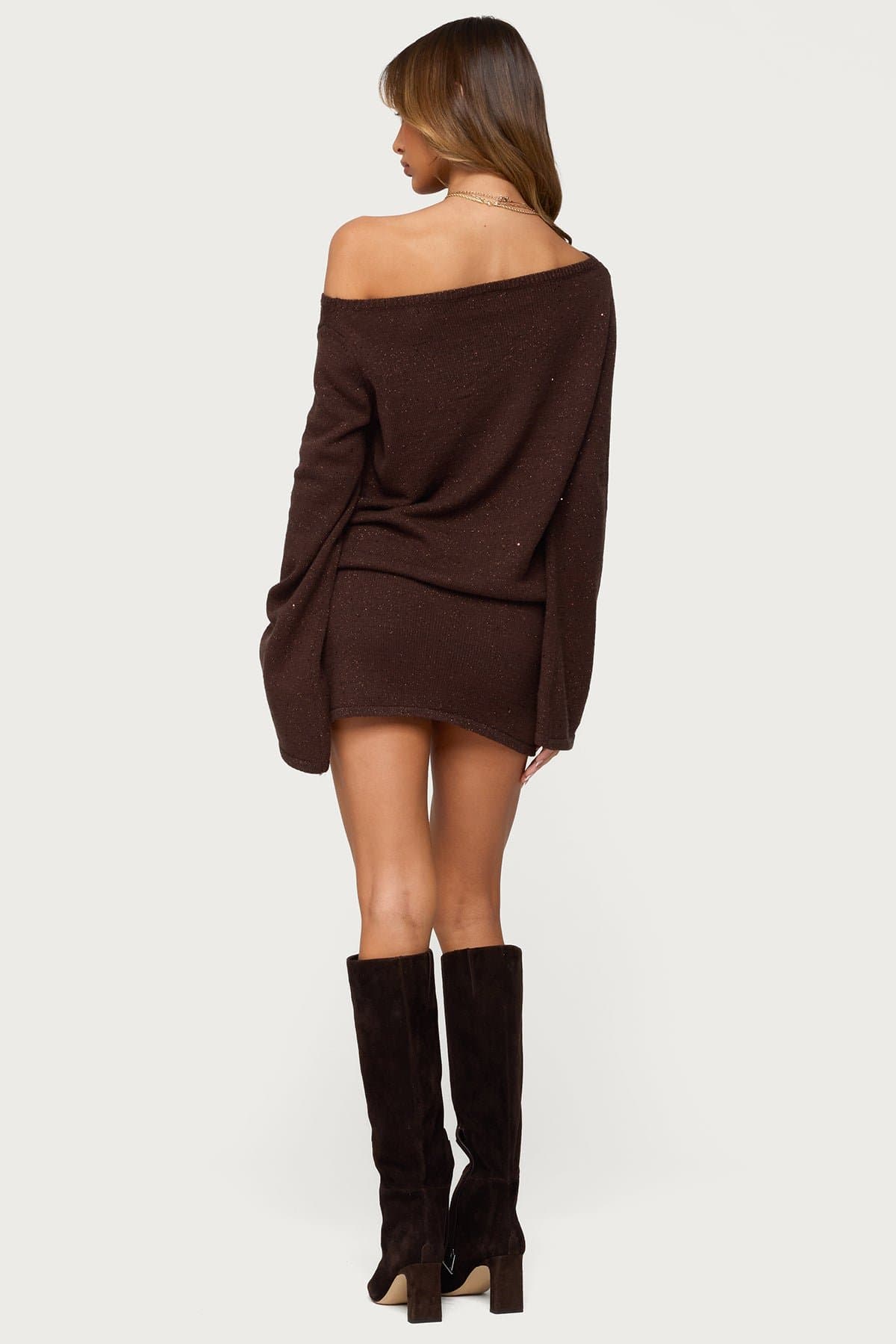 Off Shoulder Sequin Knit Mini Dress with Bell Sleeves - Rayon Polyester Nylon