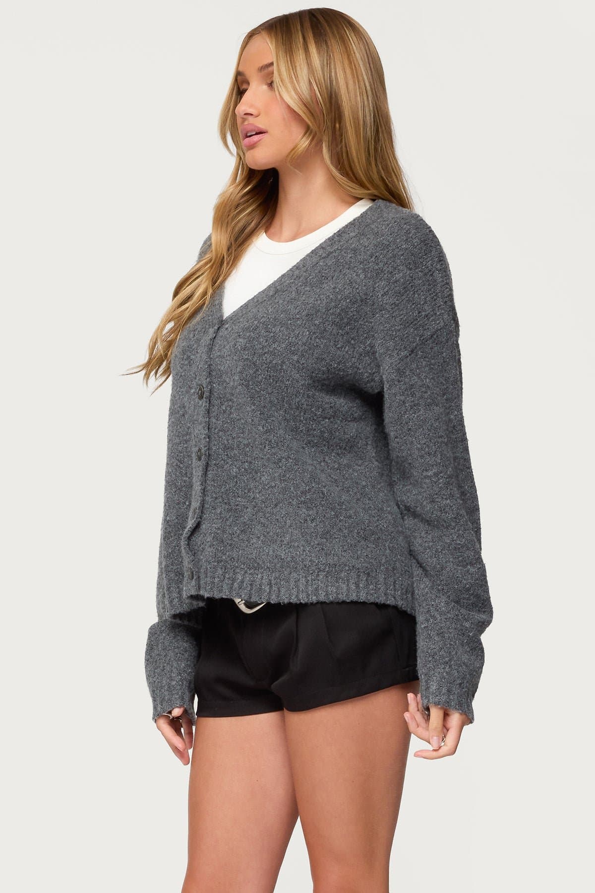 Shiraz Oversized Knit Cardigan V-Neck Button Front Polyester Acrylic Spandex