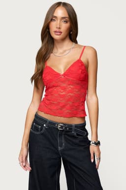 Eira Sheer Lace Tank Top with Mini Bow Detail, Adjustable Straps, Polyester Spandex
