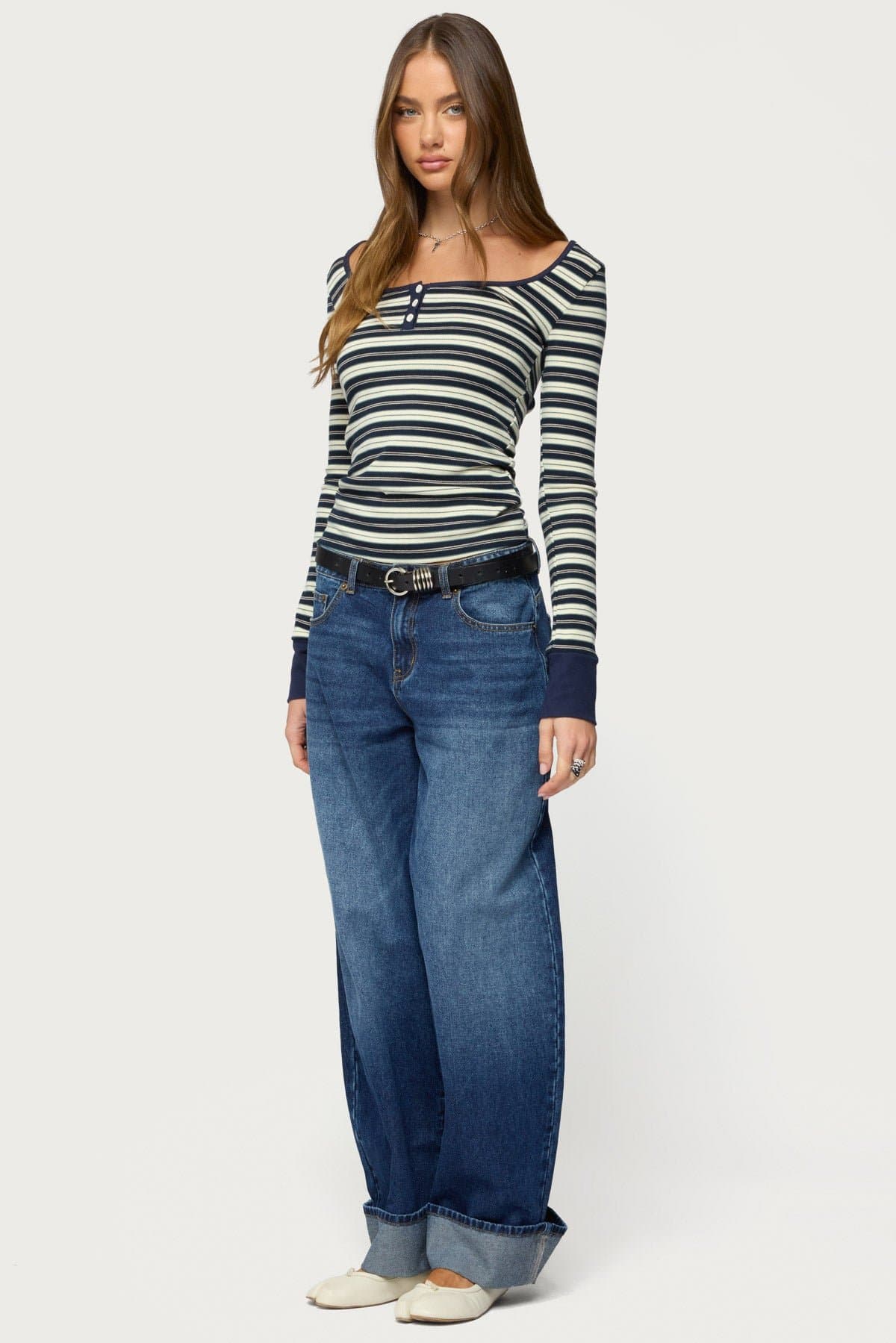Jaida Striped Henley Top - Long Sleeve Cotton Spandex Scoop Neck