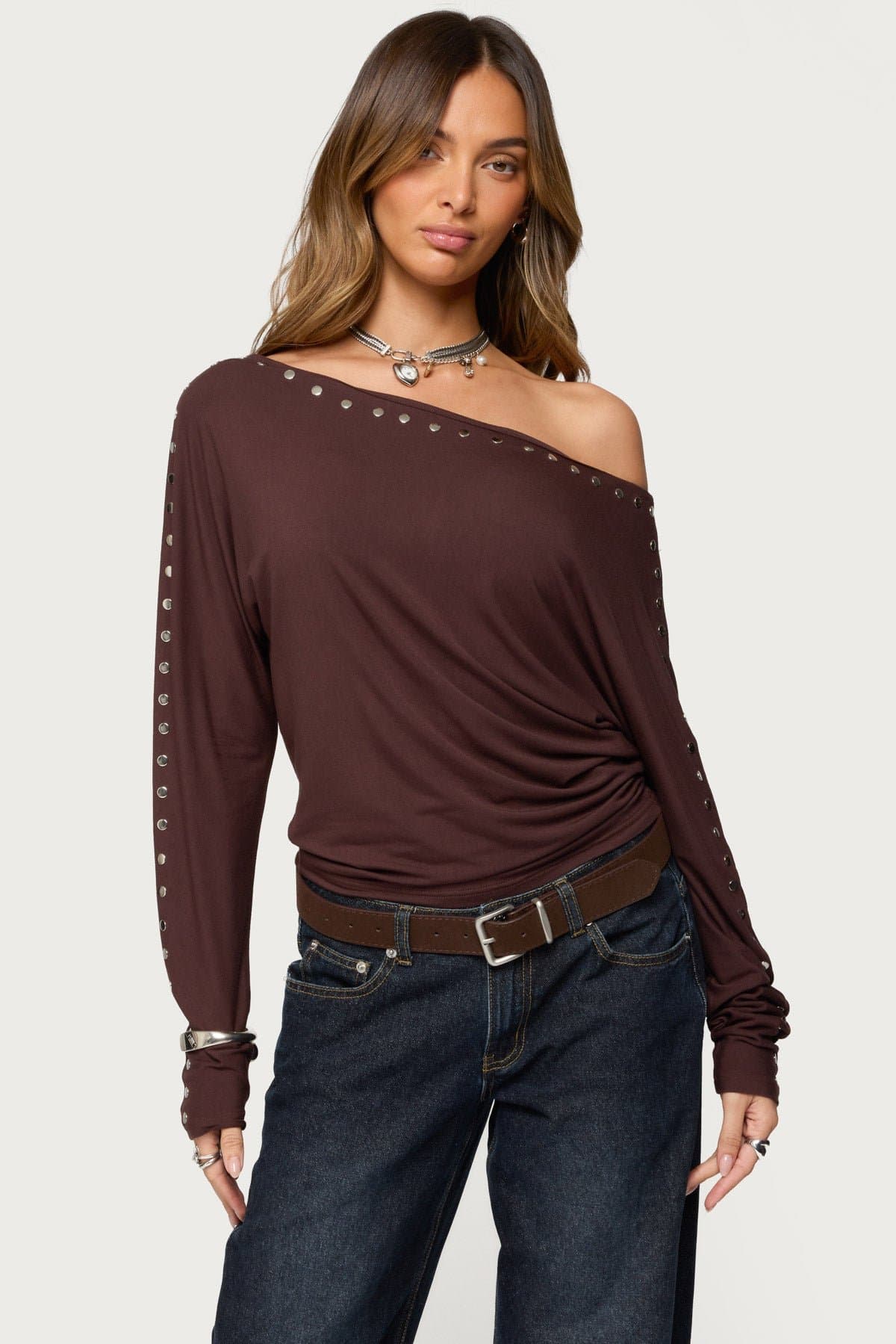 Paola Off Shoulder Stud Top with Long Sleeves and Cinched Waist in Rayon Spandex