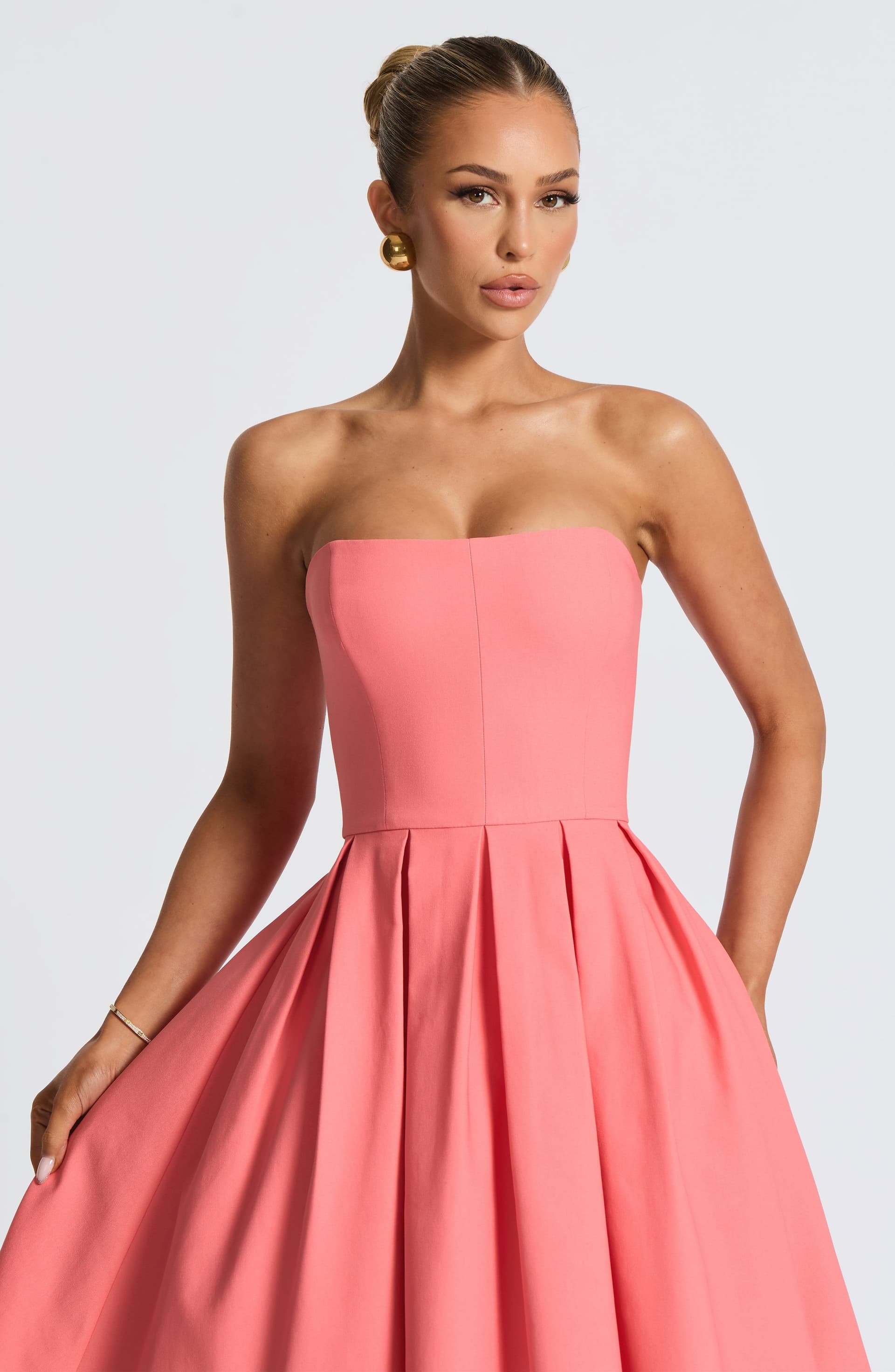 Edith Midi Dress Coral Pink Stretch Bengaline Strapless Pleated