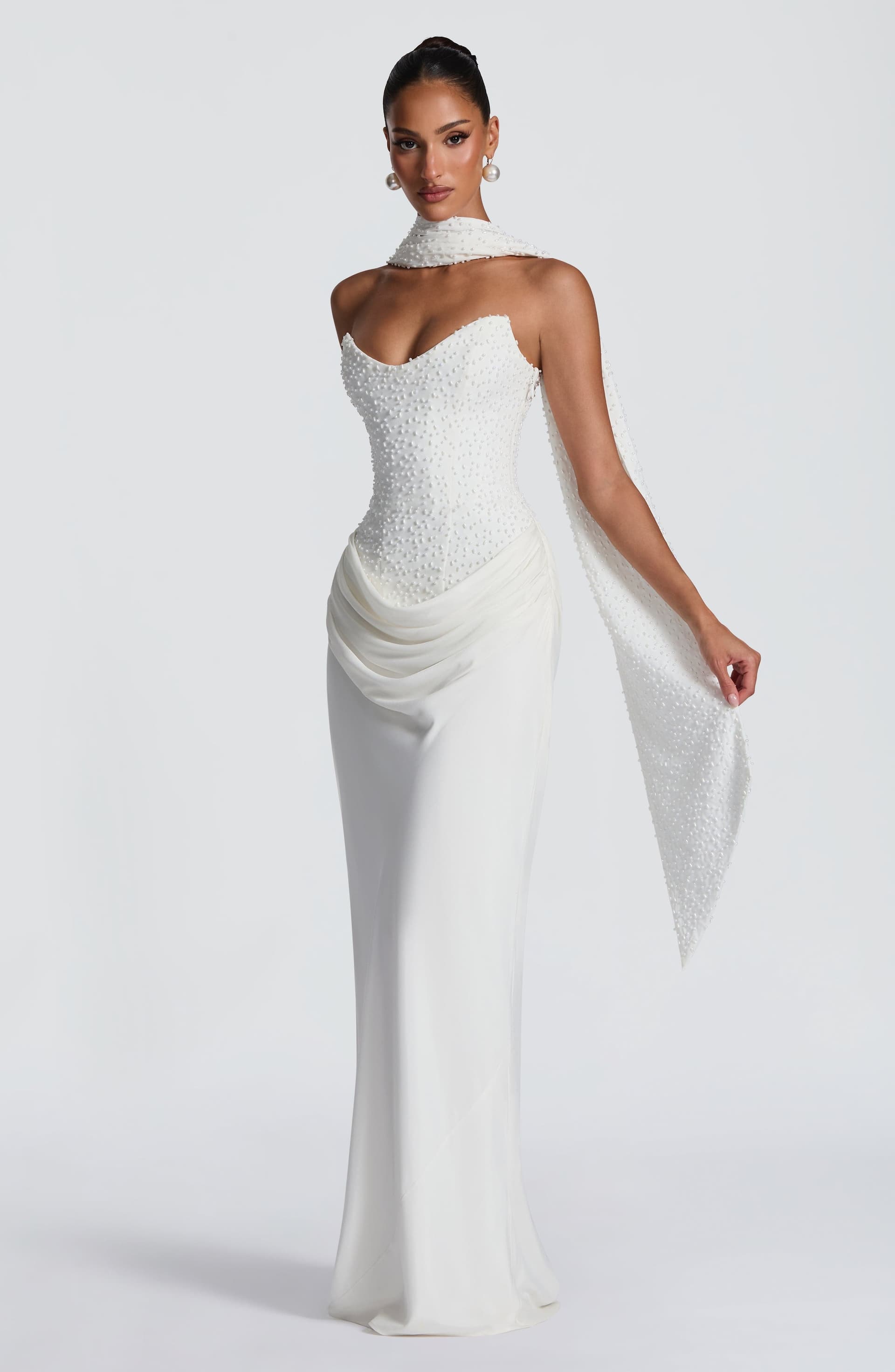 Tindra Maxi Dress Ivory - Pearl Embellished Crepe Bodice Cupro Skirt Strapless