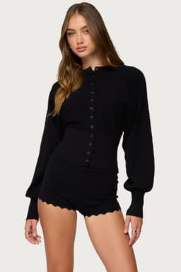 Maizy Puff Sleeve Scalloped Knit Cardigan - Rayon Polyester Nylon