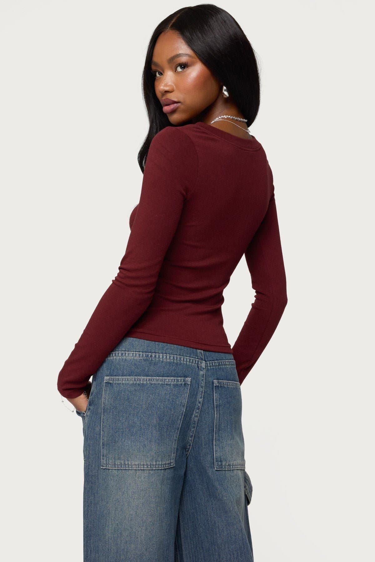 Larna V-Neck Long Sleeve Ribbed T-Shirt - Rayon Cotton Acrylic Spandex Blend