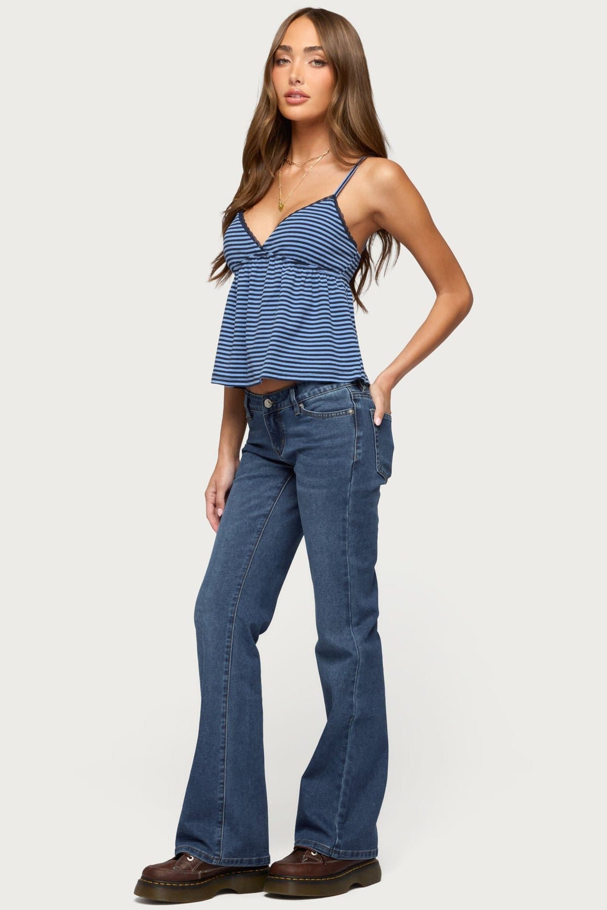 Orietta Striped Babydoll Tank Top with Lace Trim and Adjustable Straps