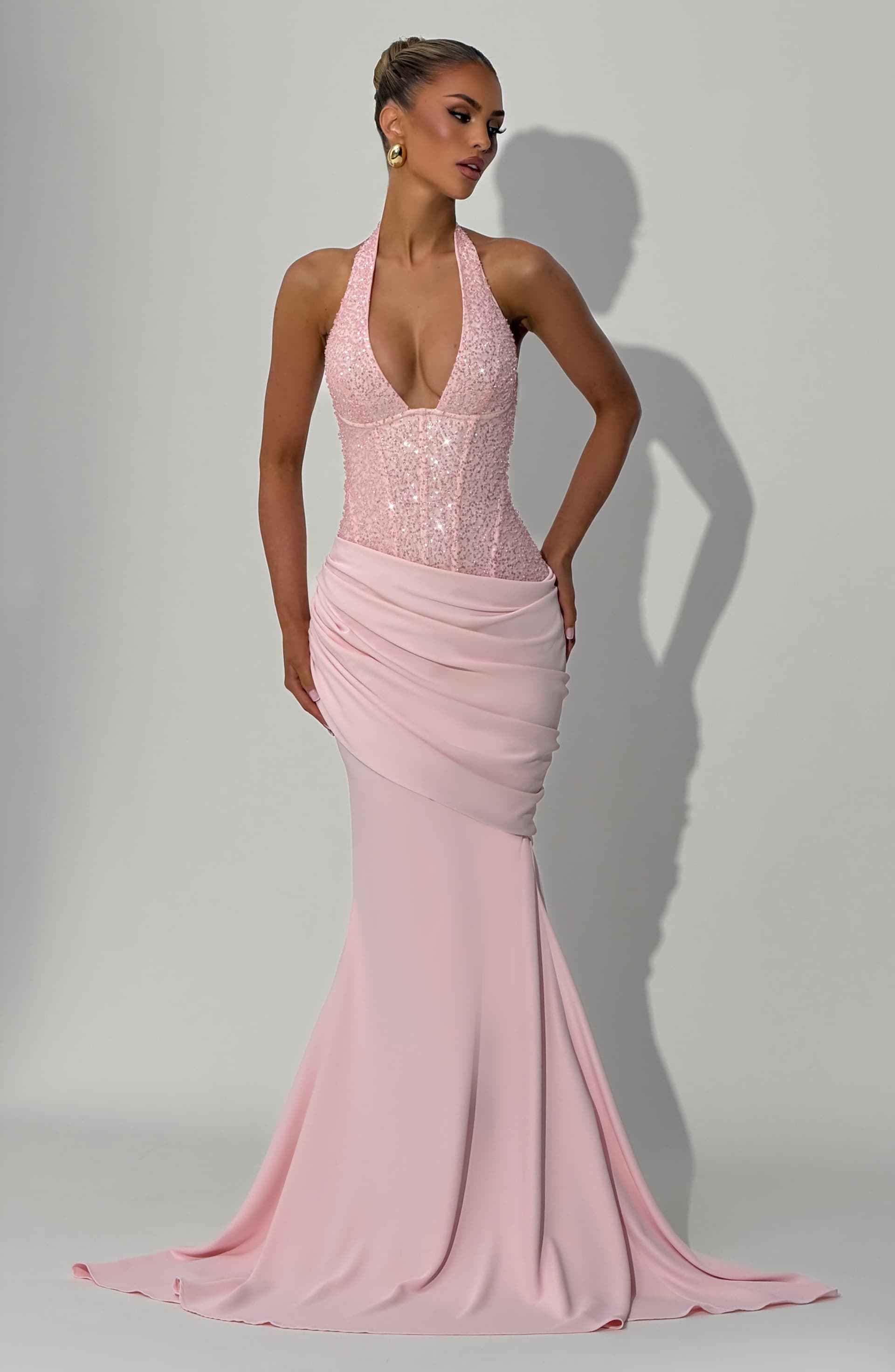 Taylor Blush Gown - Embellished Mesh Bodice, Pleated Twill Skirt, Mermaid Train