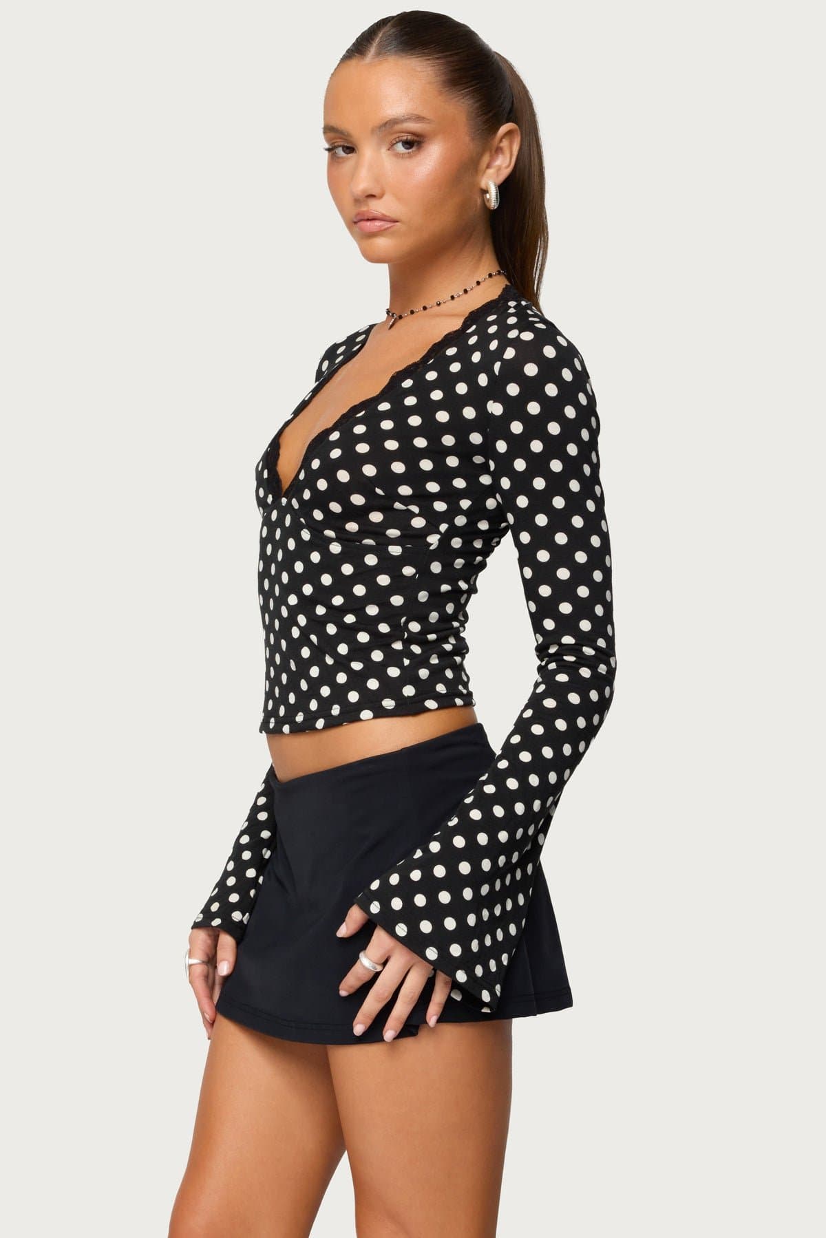 Polka Dot Lacey Plunge V-Neck Long Sleeve Top - Polyester Spandex