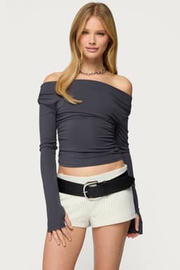 Milane Ruched Off Shoulder Ribbed Top - Long Sleeve Rayon Spandex