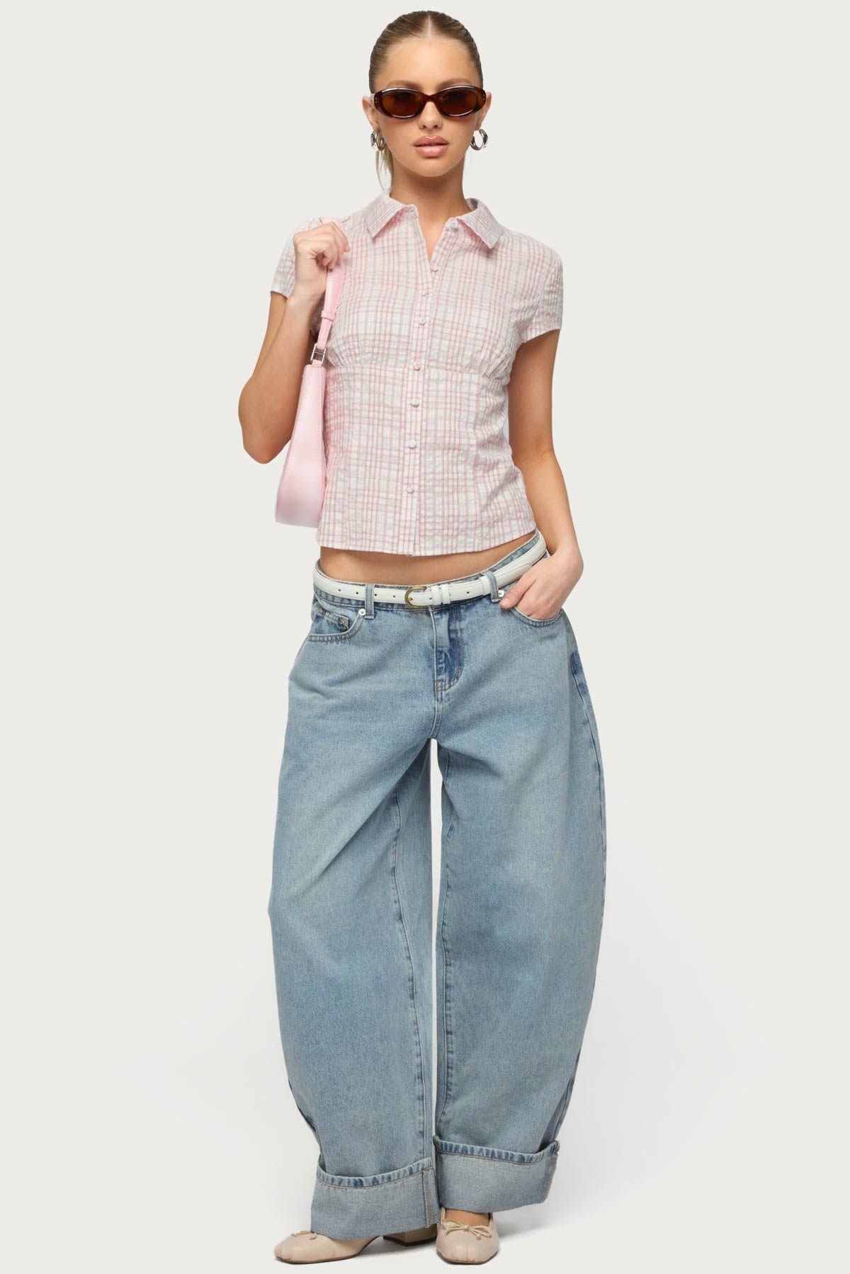 Naiah Plaid Tailored Button Up Shirt - Cotton Polyester with Classic Collar & Underbust Ruching