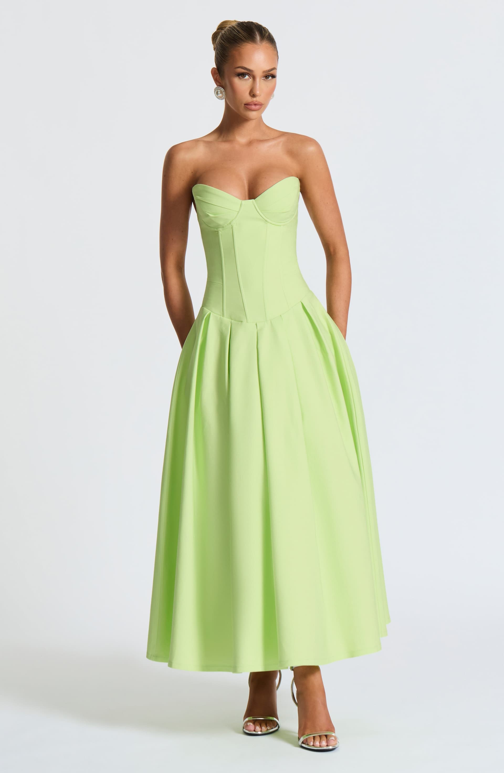 Salma Midi Dress Lime Green Stretch Bengaline Strapless Pleated Underwired