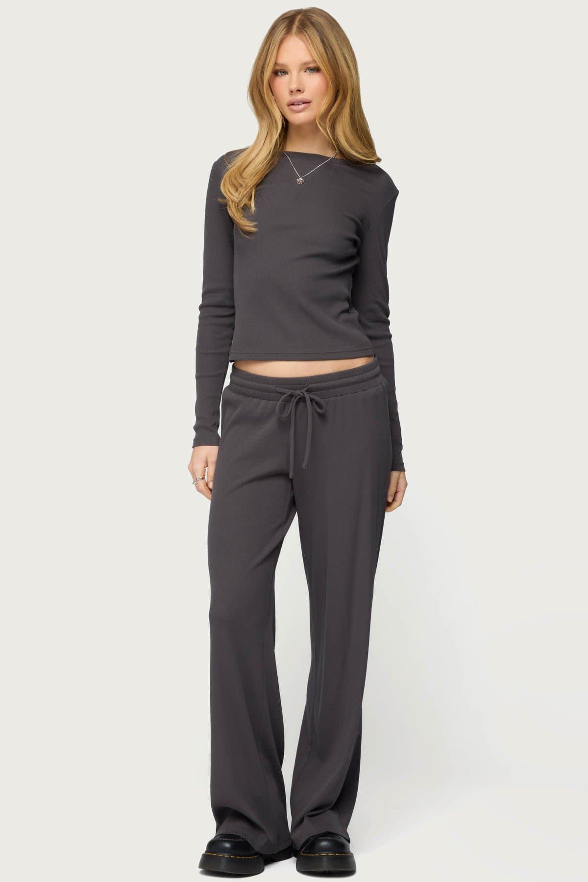 Cicilia Long Sleeve Ribbed T-Shirt - Cotton Polyester Spandex Loungewear Top