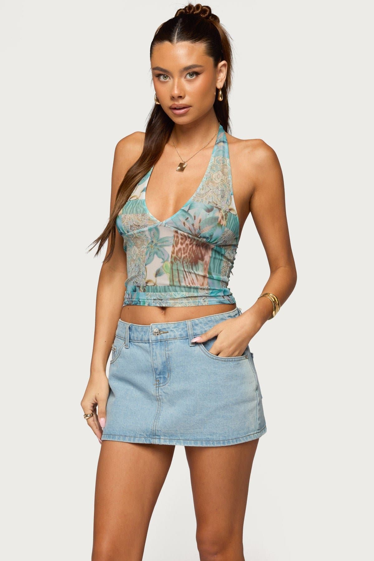 Catie Printed Mesh Halter Top - V-Neck Neck Tie Polyester Spandex