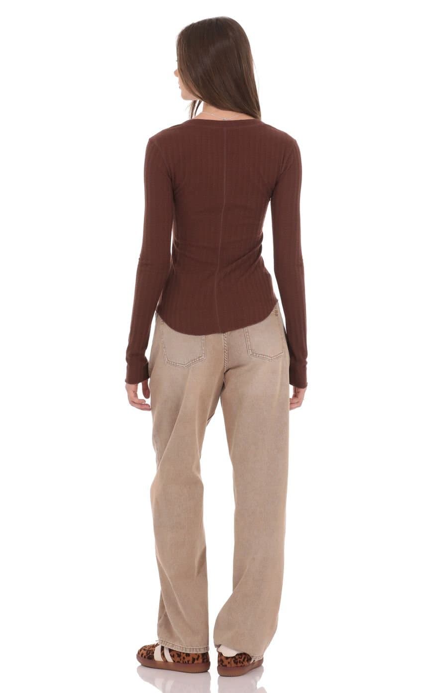 Textured Ribbed Button Top in Brown