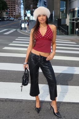 Ginny Mixed Polka Dot Halter Top - Cotton Spandex V-Neck Gathered Bust