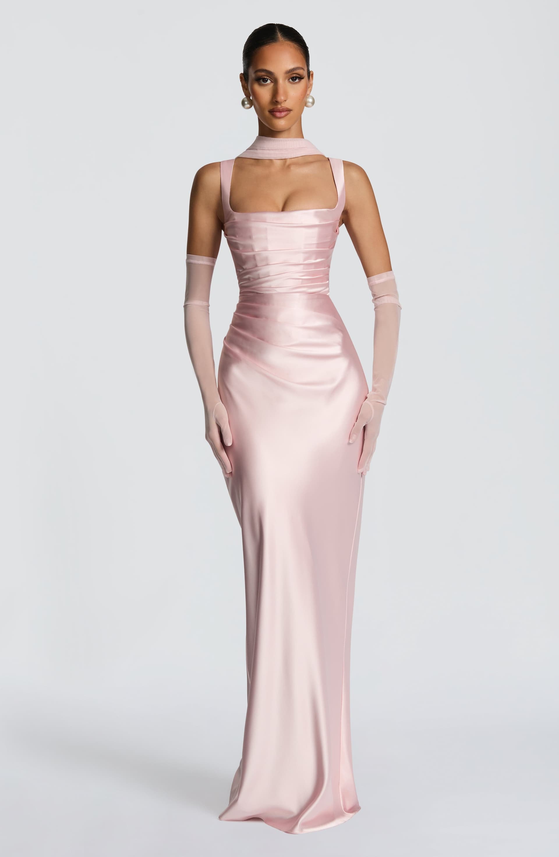 Calanthe Maxi Dress - Blush Satin Square Neckline Lace-Up Back