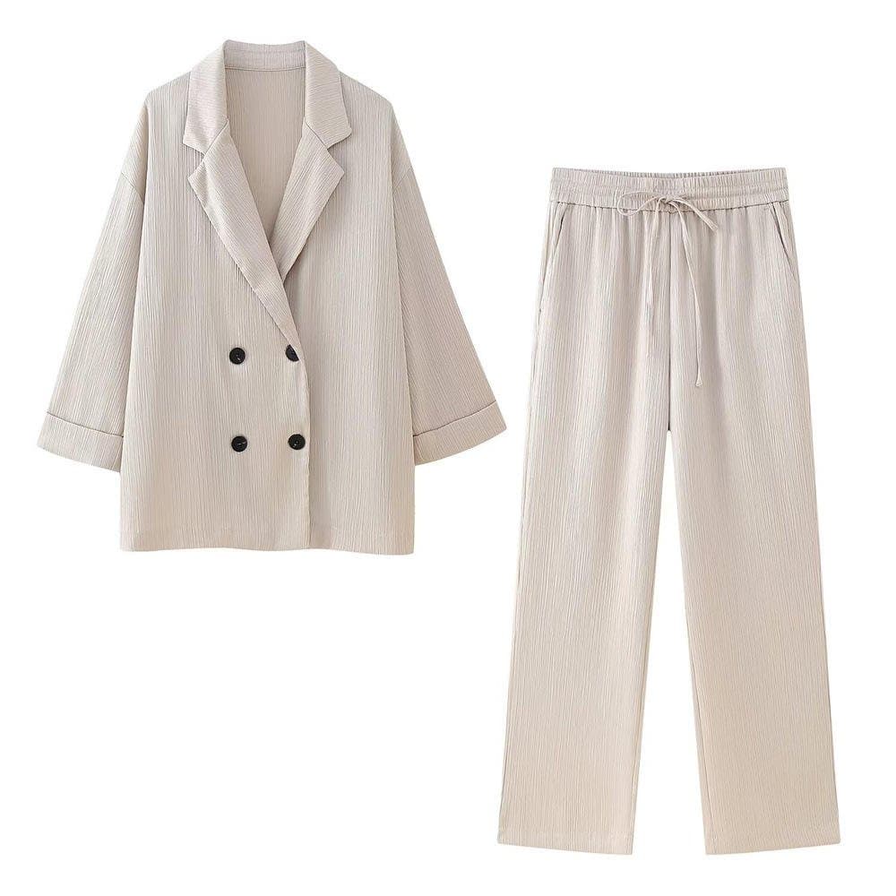 Double Breasted Blazer & Wide Leg Pants Set – Oversized Jacket Drawstring Trouser in Multiple Colors XS-L