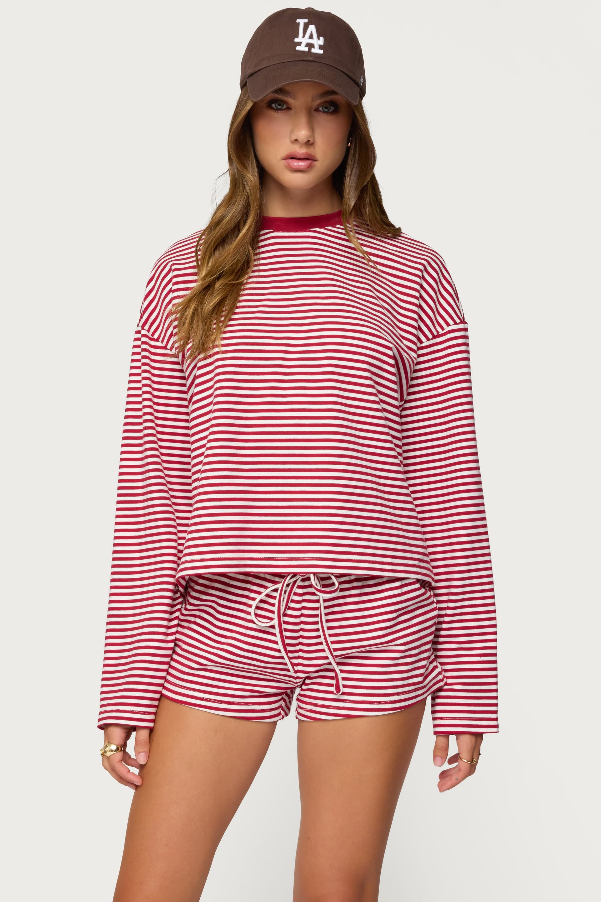 Jainee Striped Long Sleeve Oversized T-Shirt - Cotton Spandex Loungewear