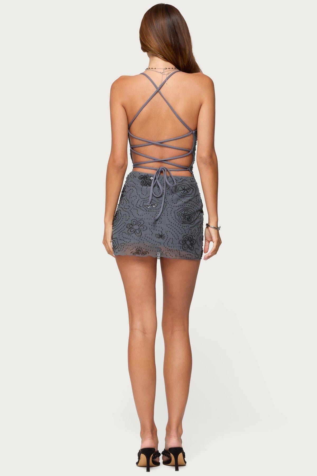 Kandy Backless Beaded Mini Dress - Lace Up Open Back Cowl Neck Polyester