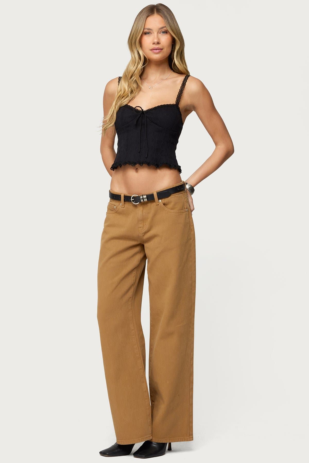 Lacey Knit Tank Top with Lace Trim, Adjustable Straps, Cotton Spandex