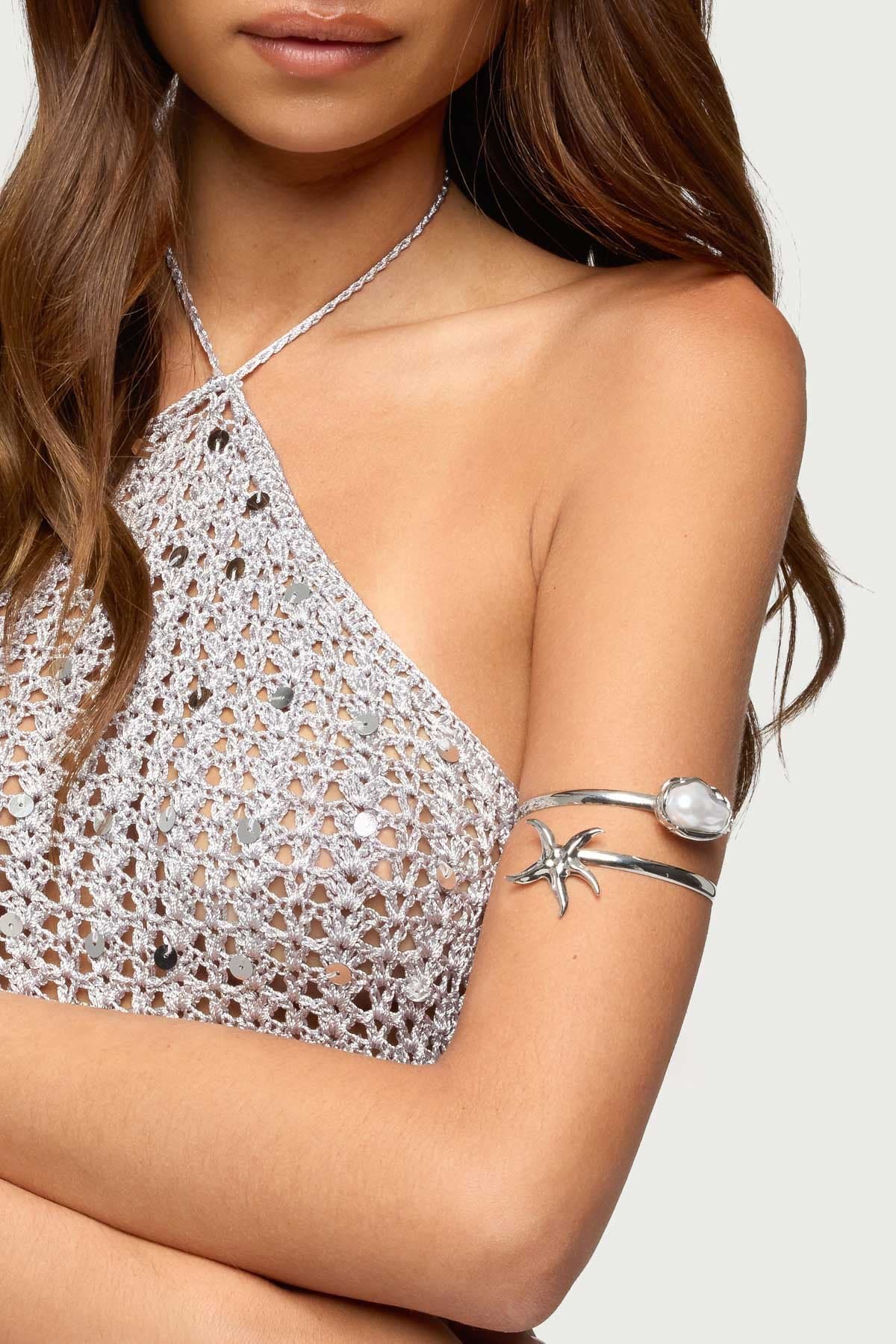 Pearly Sea Star Arm Cuff in Silver Tone Metal and Plastic - 2.5 Inch Length